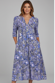 Rowena Bellflower | Floral Print Midi Dress 3/4 Sleeve For Women