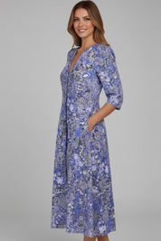 Rowena Bellflower | Floral Print Midi Dress 3/4 Sleeve For Women