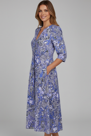 Rowena Bellflower | Floral Print Midi Dress 3/4 Sleeve For Women