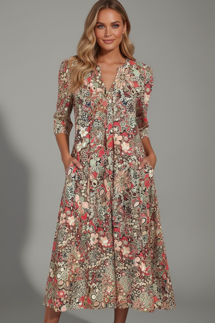 Rowena Bellflower | Floral Print Midi Dress 3/4 Sleeve For Women