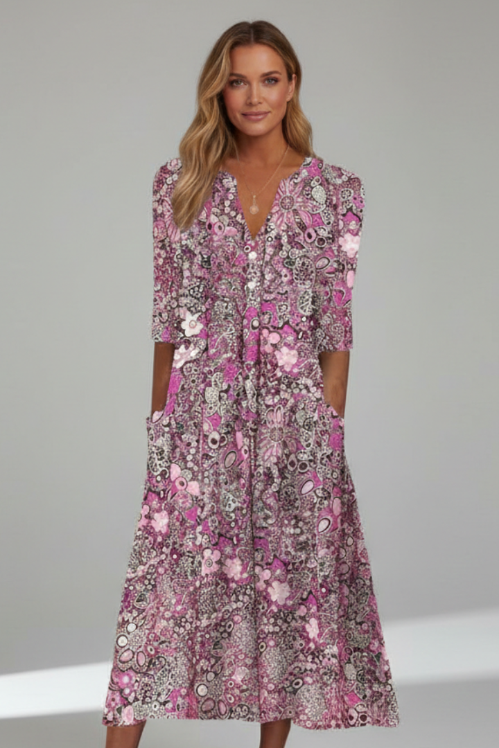 Rowena Bellflower | Floral Print Midi Dress 3/4 Sleeve For Women