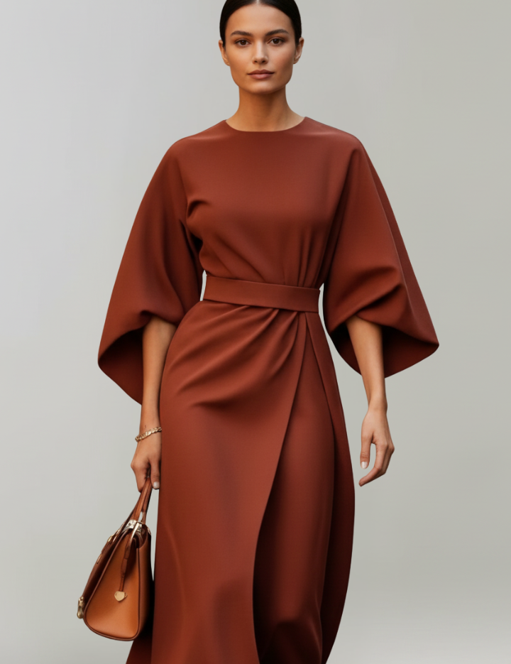 Clarisse Beaumont | Belted Kimono Sleeve Midi Dress For Women