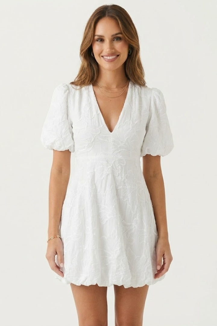 Juliet Fairbourne | White Floral Embroidered Mini Dress For Women