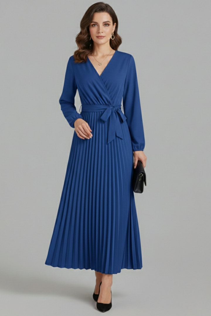Diana Ravenswood | Long Sleeve Pleated Wrap Maxi Dress For Women