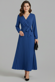Diana Ravenswood | Long Sleeve Pleated Wrap Maxi Dress For Women