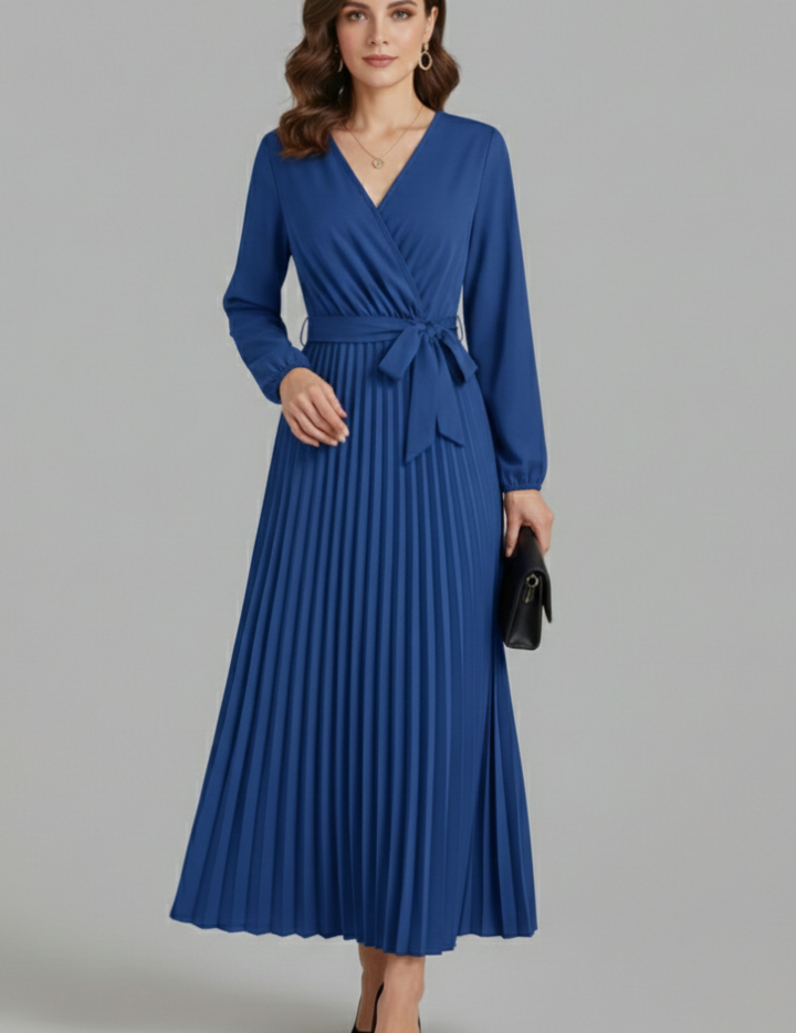 Diana Ravenswood | Long Sleeve Pleated Wrap Maxi Dress For Women