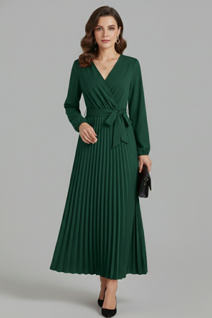 Diana Ravenswood | Long Sleeve Pleated Wrap Maxi Dress For Women