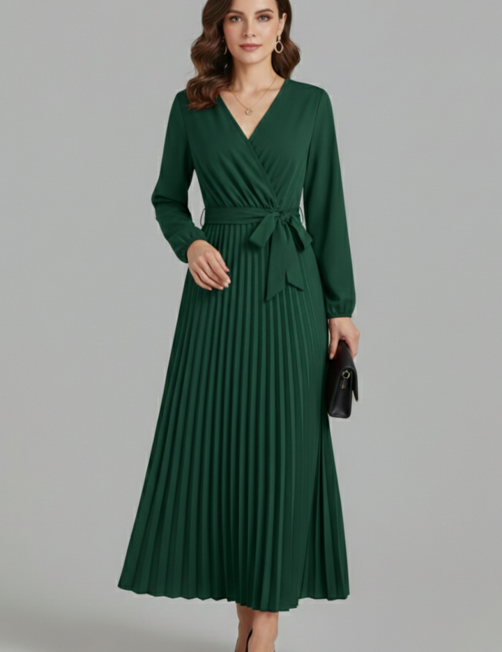 Diana Ravenswood | Long Sleeve Pleated Wrap Maxi Dress For Women