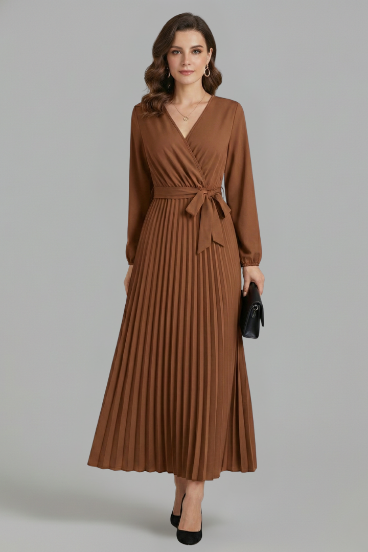 Diana Ravenswood | Long Sleeve Pleated Wrap Maxi Dress For Women