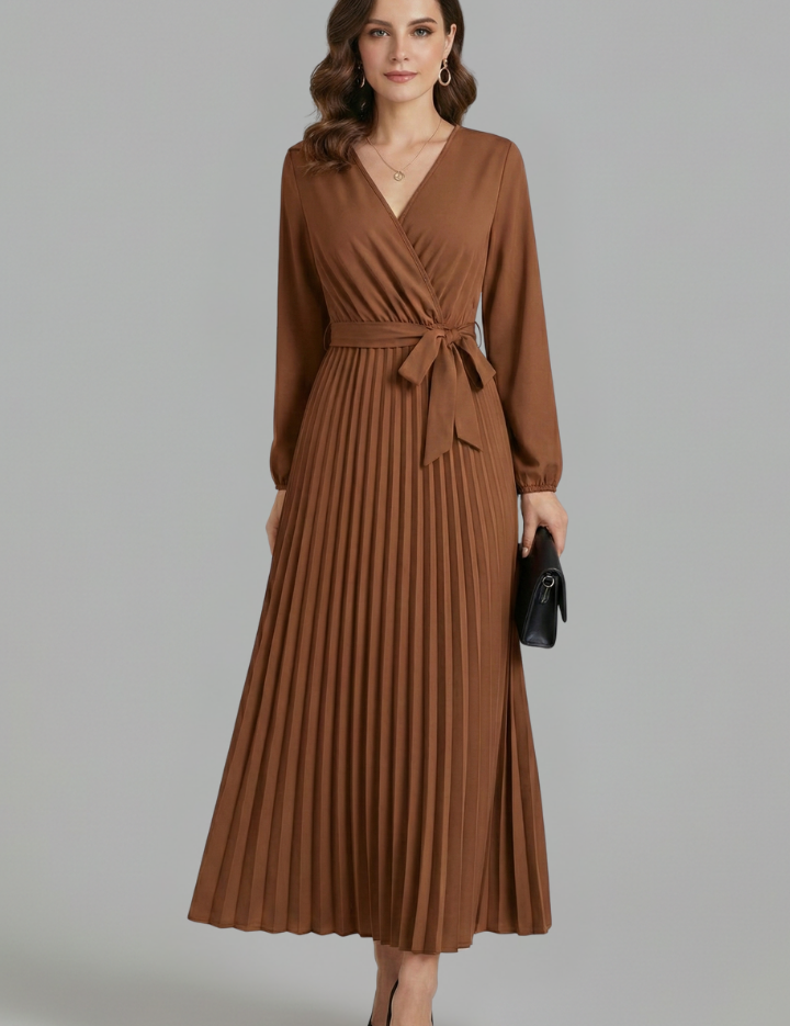 Diana Ravenswood | Long Sleeve Pleated Wrap Maxi Dress For Women