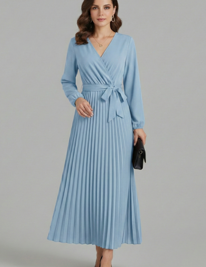 Diana Ravenswood | Long Sleeve Pleated Wrap Maxi Dress For Women