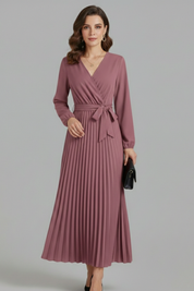 Diana Ravenswood | Long Sleeve Pleated Wrap Maxi Dress For Women