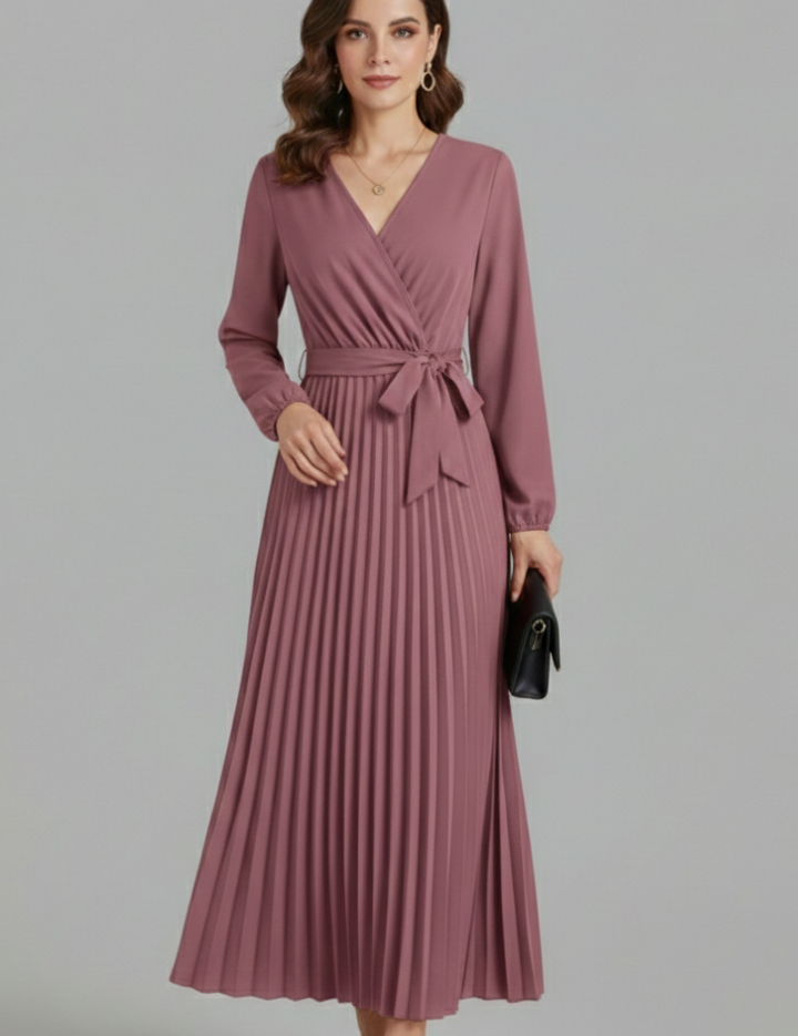 Diana Ravenswood | Long Sleeve Pleated Wrap Maxi Dress For Women