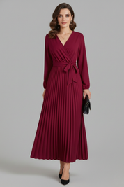 Diana Ravenswood | Long Sleeve Pleated Wrap Maxi Dress For Women