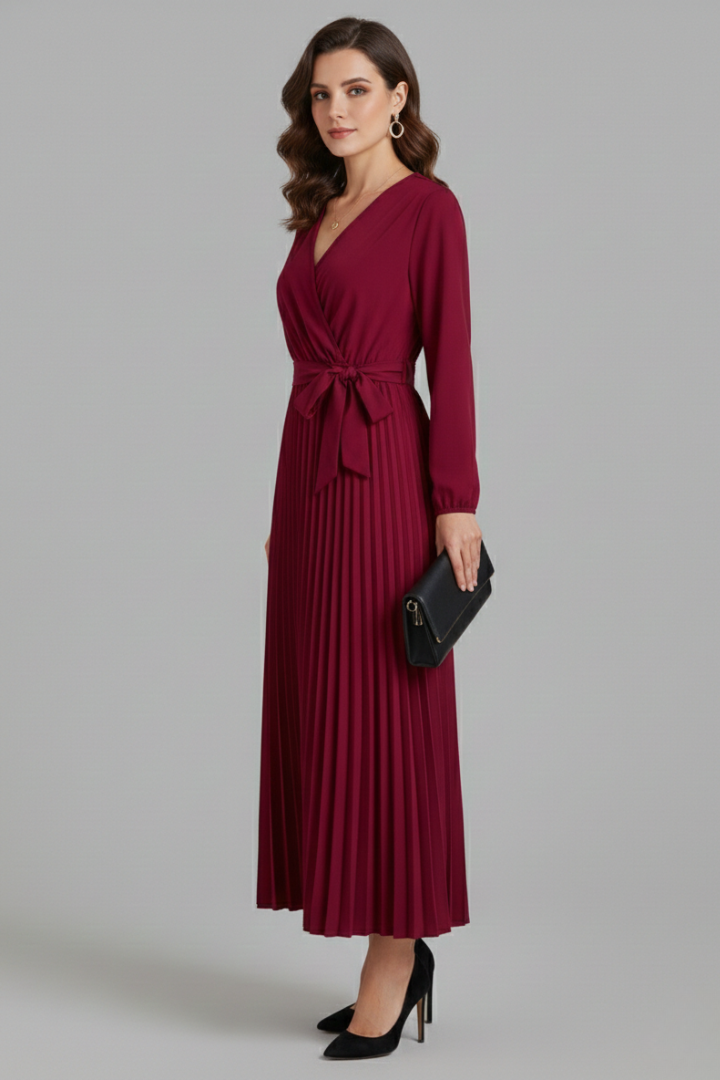 Diana Ravenswood | Long Sleeve Pleated Wrap Maxi Dress For Women