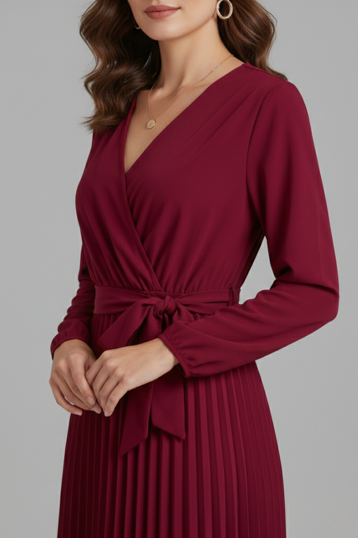 Diana Ravenswood | Long Sleeve Pleated Wrap Maxi Dress For Women