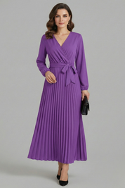 Diana Ravenswood | Long Sleeve Pleated Wrap Maxi Dress For Women