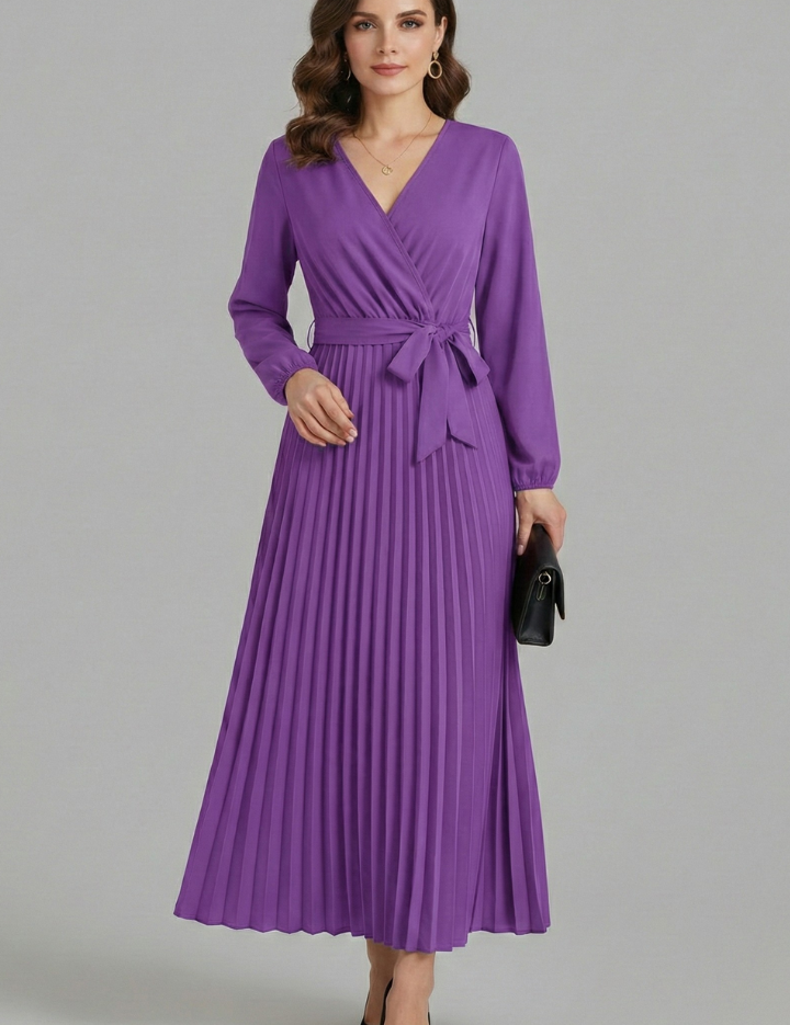Diana Ravenswood | Long Sleeve Pleated Wrap Maxi Dress For Women