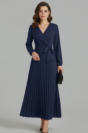 Diana Ravenswood | Long Sleeve Pleated Wrap Maxi Dress For Women