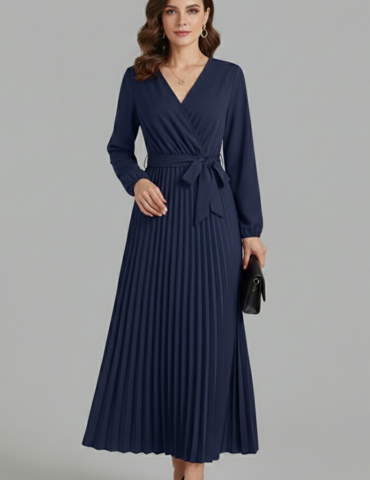 Diana Ravenswood | Long Sleeve Pleated Wrap Maxi Dress For Women