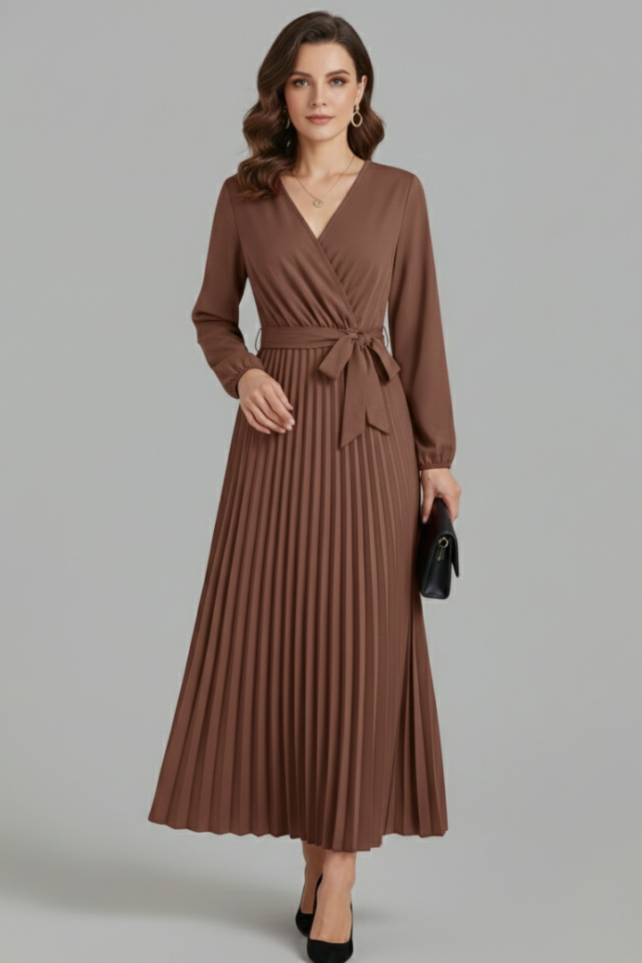 Diana Ravenswood | Long Sleeve Pleated Wrap Maxi Dress For Women