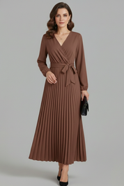 Diana Ravenswood | Long Sleeve Pleated Wrap Maxi Dress For Women