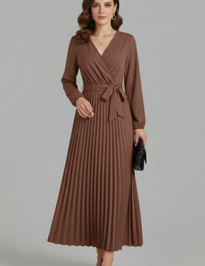 Diana Ravenswood | Long Sleeve Pleated Wrap Maxi Dress For Women