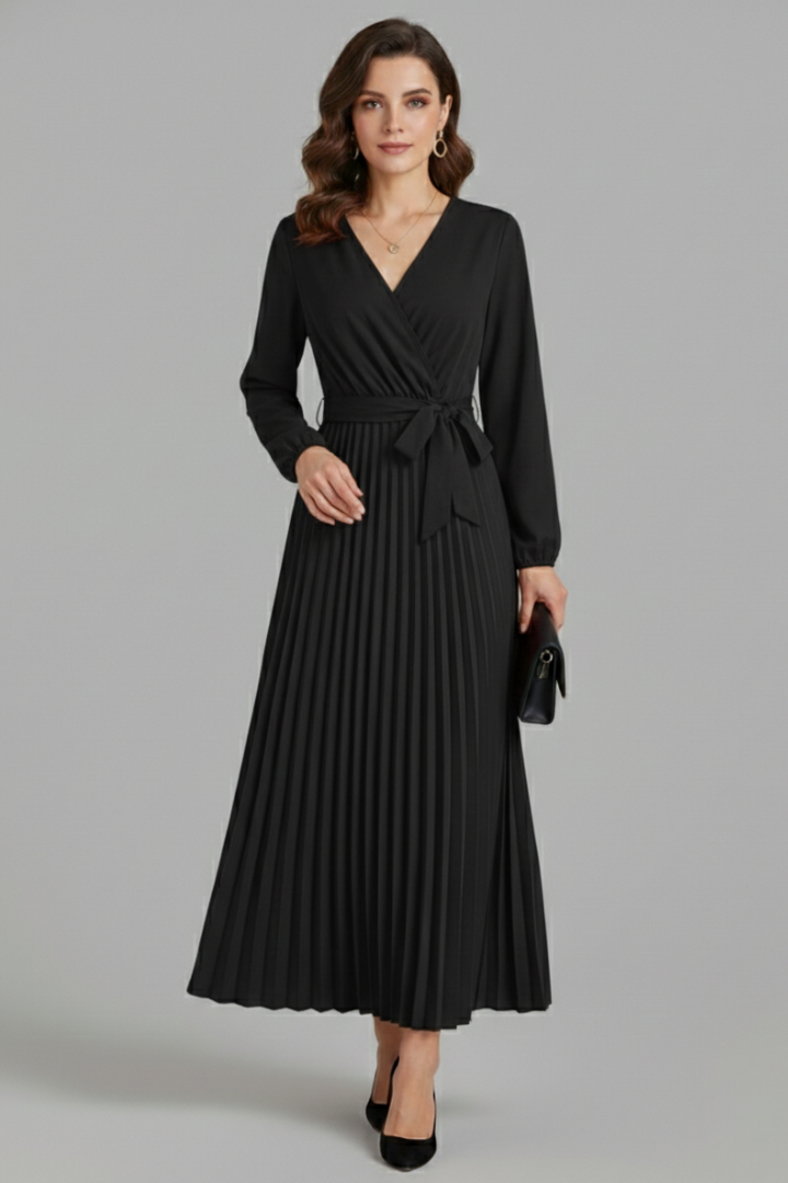 Diana Ravenswood | Long Sleeve Pleated Wrap Maxi Dress For Women