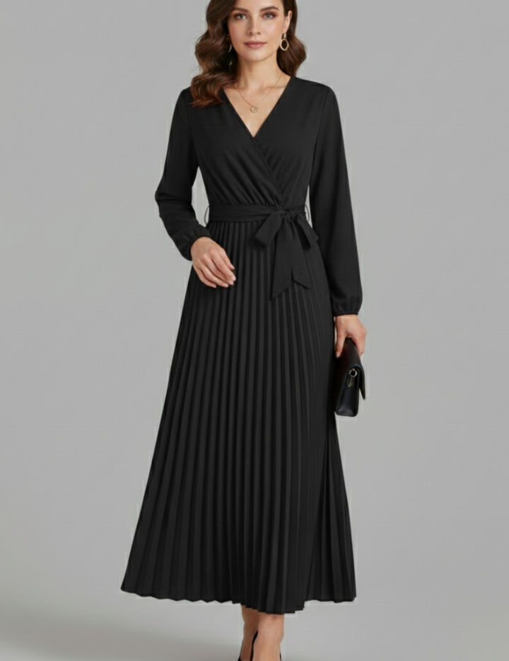 Diana Ravenswood | Long Sleeve Pleated Wrap Maxi Dress For Women
