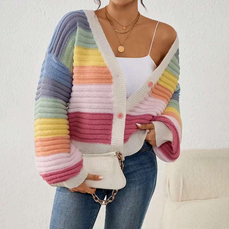 Harriet Goldengrove | Rainbow Stripe Cropped Cardigan For Women