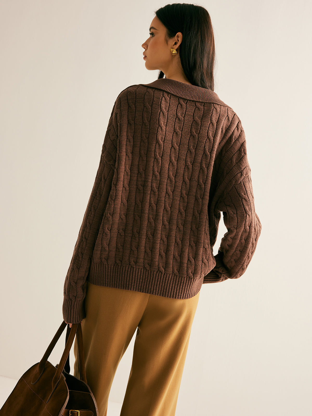 Diana Colworth | Cable Knit Collared V-Neck Sweater For Women