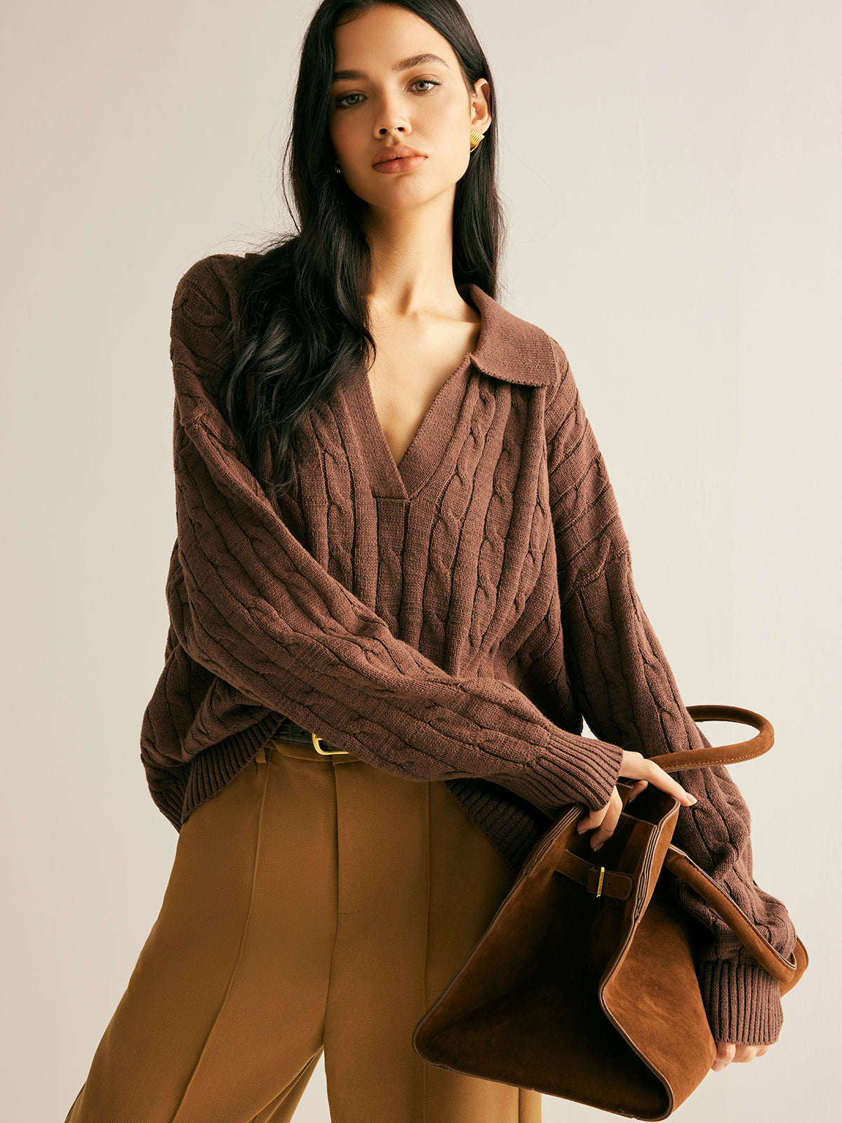 Diana Colworth | Cable Knit Collared V-Neck Sweater For Women