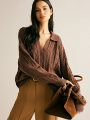 Diana Colworth | Cable Knit Collared V-Neck Sweater For Women