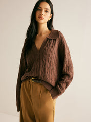 Diana Colworth | Cable Knit Collared V-Neck Sweater For Women