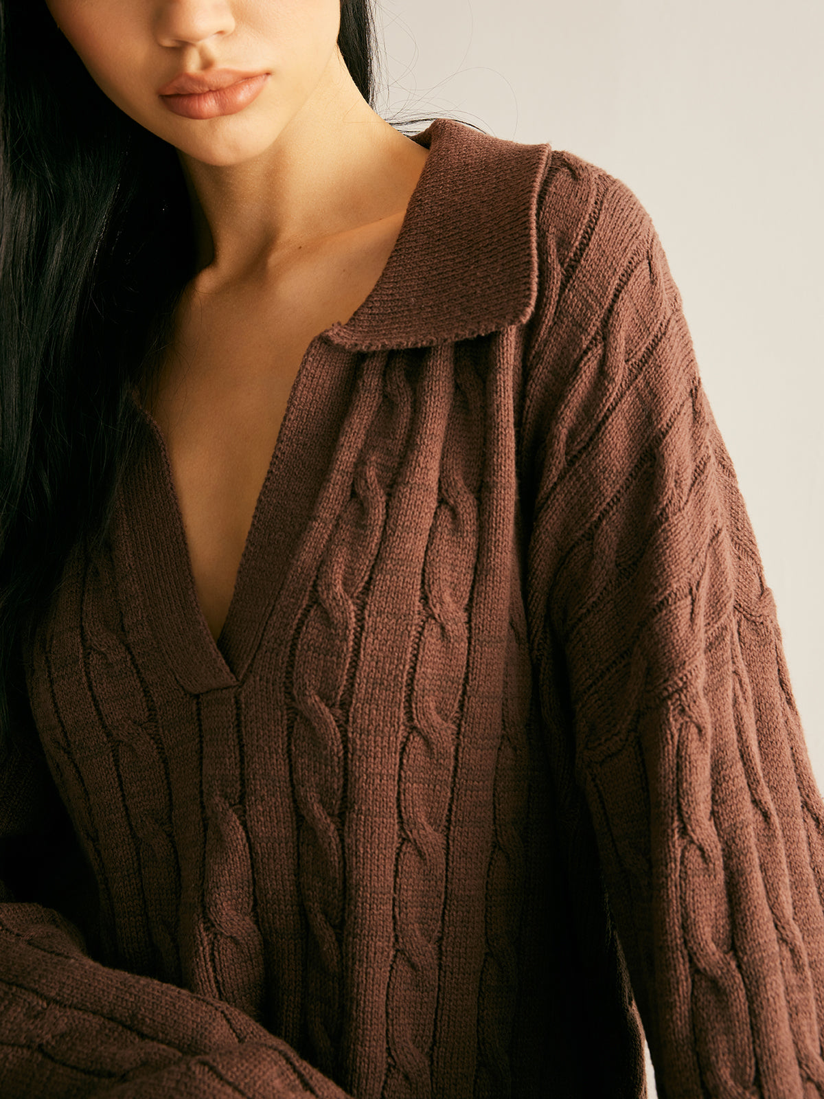 Diana Colworth | Cable Knit Collared V-Neck Sweater For Women