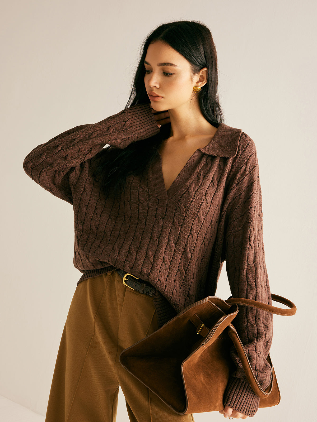 Diana Colworth | Cable Knit Collared V-Neck Sweater For Women