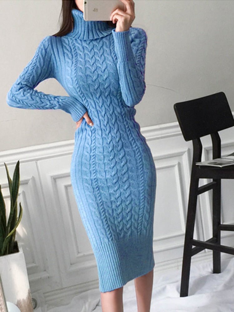 Sylvaine Darcourt | Cable Knit Turtleneck Midi Dress For Women