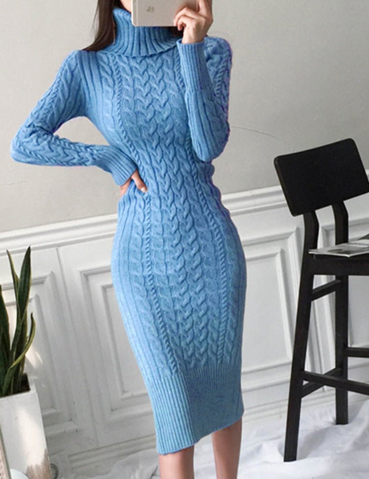 Sylvaine Darcourt | Cable Knit Turtleneck Midi Dress For Women