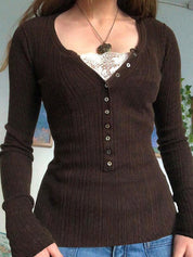 Natasha Elmwood | Ribbed Knit Button-Front Long Sleeve Top For Women