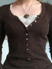 Natasha Elmwood | Ribbed Knit Button-Front Long Sleeve Top For Women