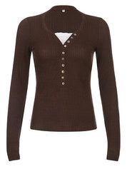 Natasha Elmwood | Ribbed Knit Button-Front Long Sleeve Top For Women