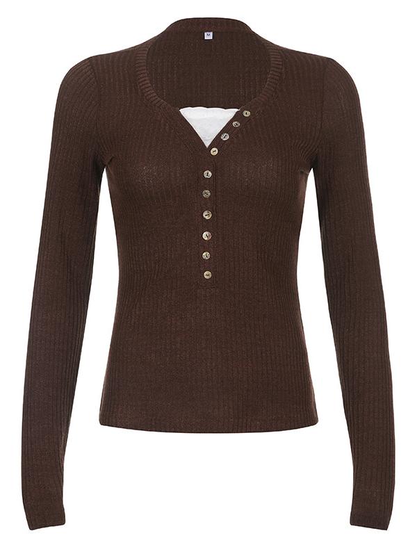 Natasha Elmwood | Ribbed Knit Button-Front Long Sleeve Top For Women