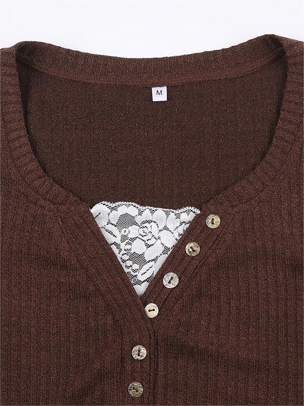 Natasha Elmwood | Ribbed Knit Button-Front Long Sleeve Top For Women