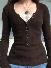Natasha Elmwood | Ribbed Knit Button-Front Long Sleeve Top For Women