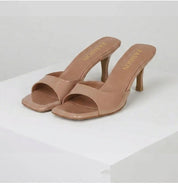 Elaine Hargrove | Nude Patent Heeled Mule Sandals For Women