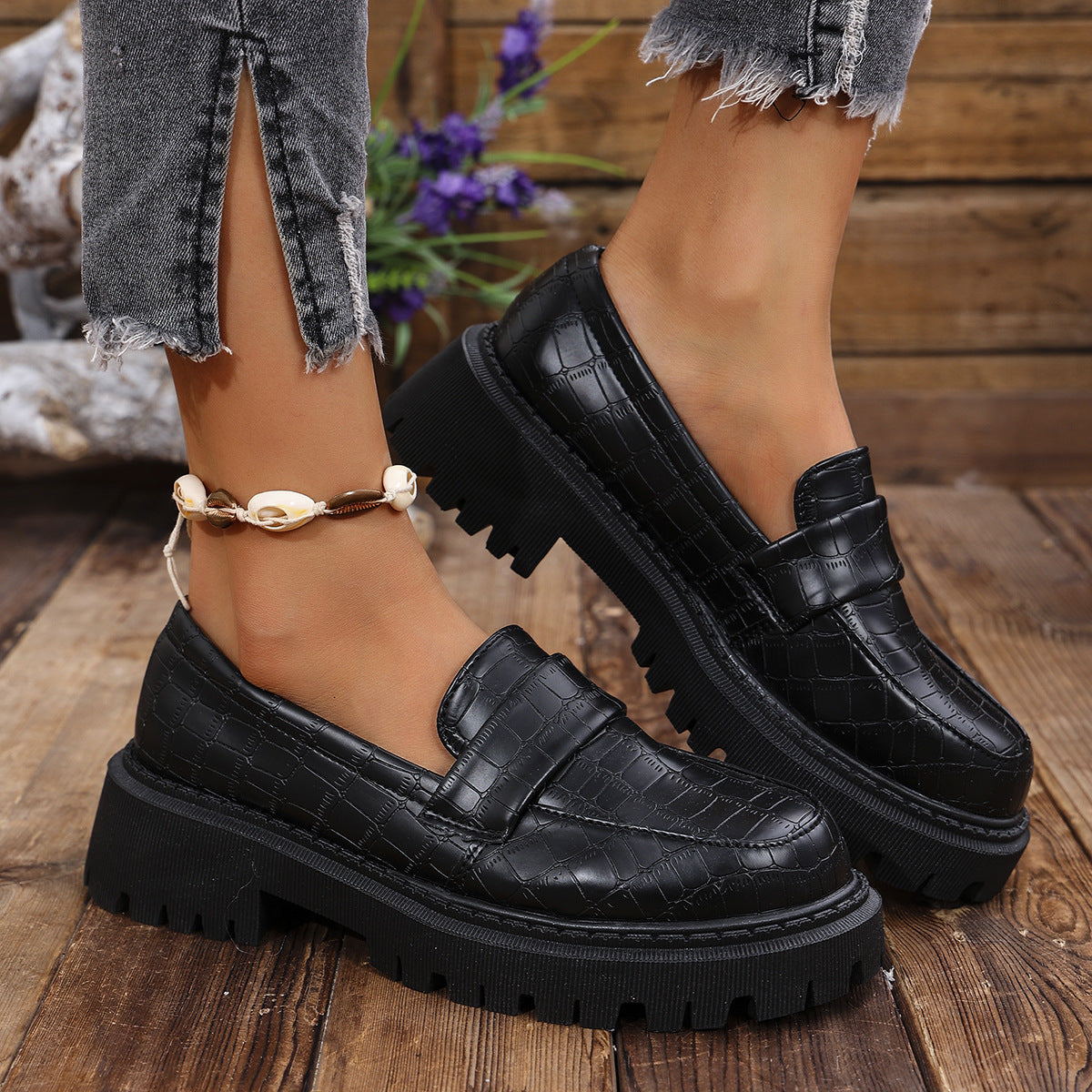 Harriet Colbourne | Croc-Embossed Black Platform Loafers For Women