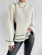 Lena Whitmore | Ribbed Knit Turtleneck Sweater with Flare Sleeves For Women