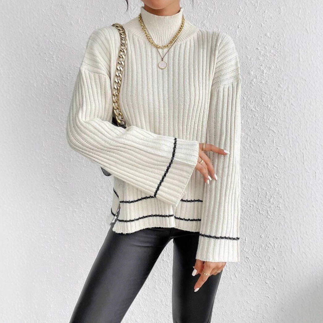 Lena Whitmore | Ribbed Knit Turtleneck Sweater with Flare Sleeves For Women