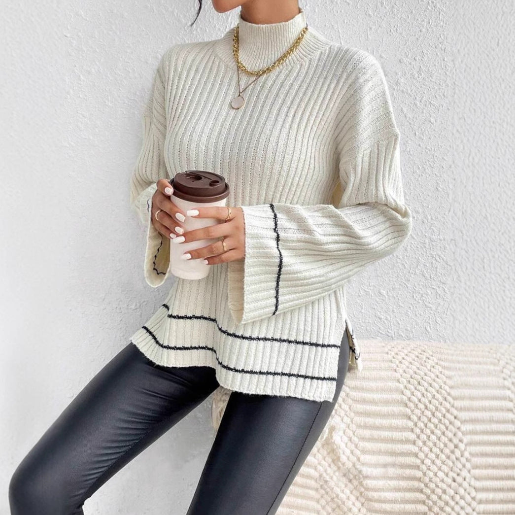 Lena Whitmore | Ribbed Knit Turtleneck Sweater with Flare Sleeves For Women