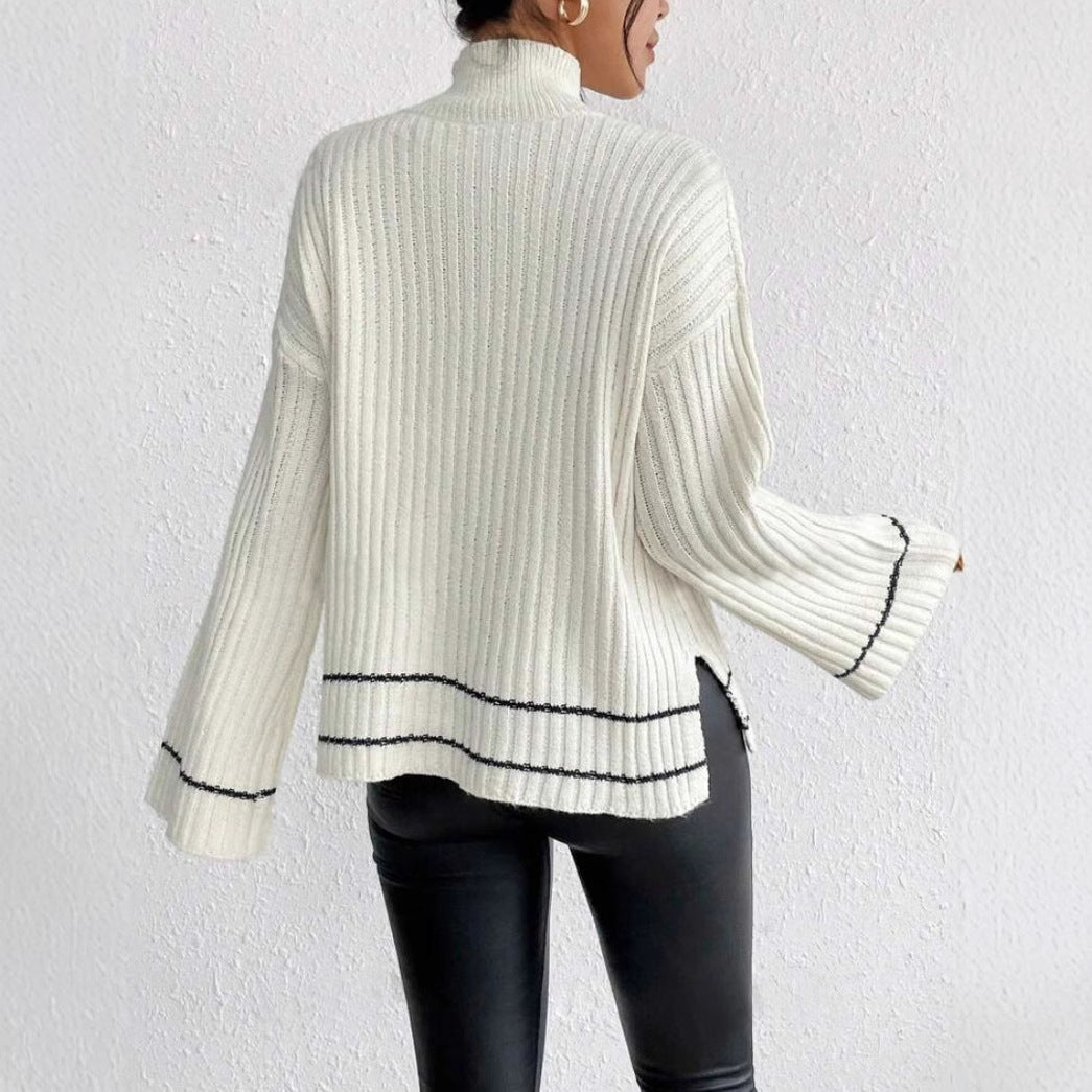 Lena Whitmore | Ribbed Knit Turtleneck Sweater with Flare Sleeves For Women